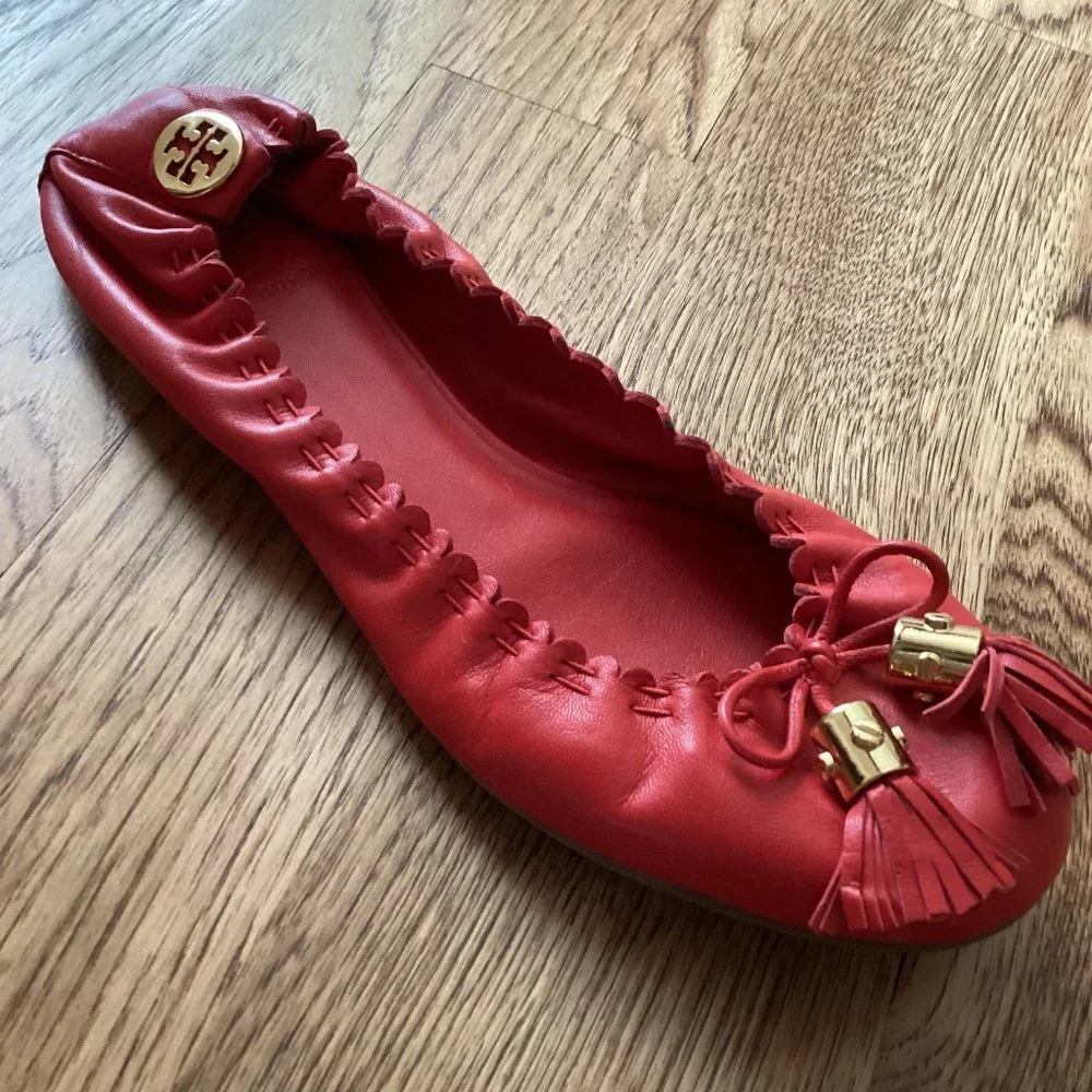 Tory Burch Red Leather Tassel Ballet Flat - Picture 1 of 7